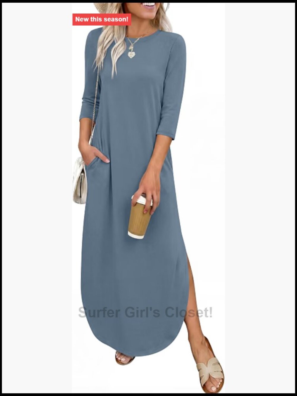 Women's 3/4 Sleeve Fall Maxi Dress with Pockets - Polyester Blend